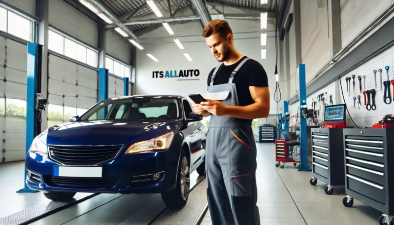 A sleek, modern automotive workshop with a mechanic inspecting a blue car, holding a tablet, and tools neatly organized.