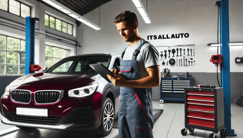 A modern automotive workshop with a sleek, professional atmosphere. A male mechanic in overalls is holding a tablet, inspecting a car.