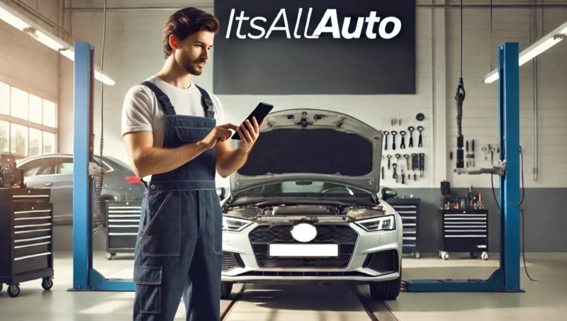 A sleek automotive workshop featuring a European mechanic in overalls inspecting a grounded car.