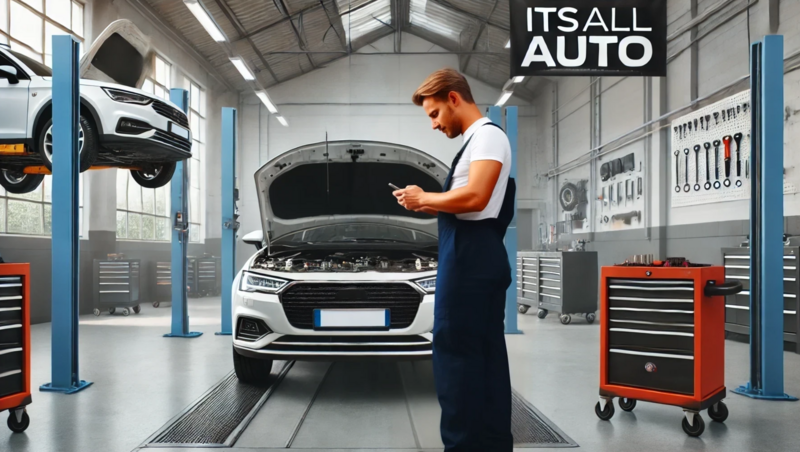 A modern workshop with a blonde mechanic inspecting a car, holding a smartphone.