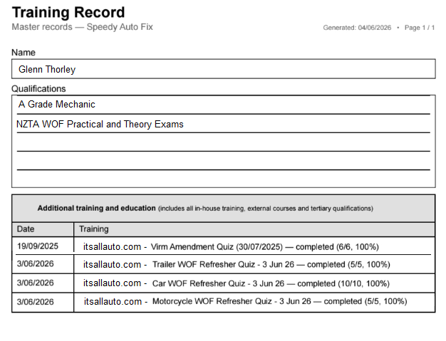 WOF refresher training results auto-saved in the eQMS™ for NZTA audits