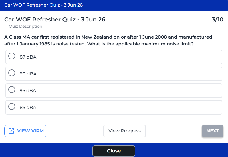 WOF inspector refresher training quiz in the itsallauto eWOF™ system