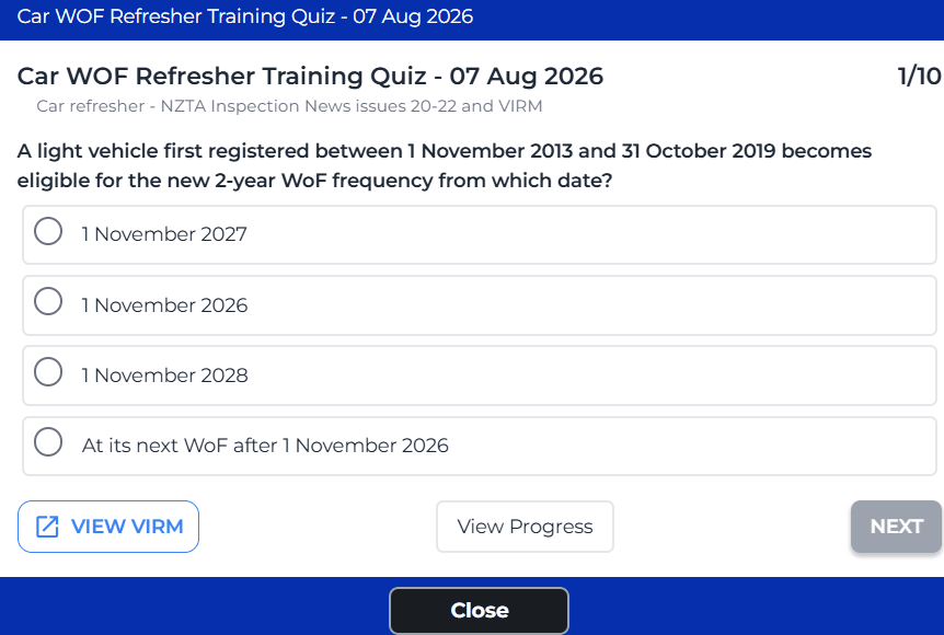 Car WOF refresher training quiz question in the itsallauto eWOF™ system